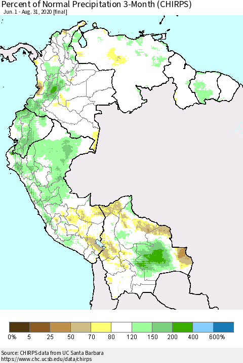 Northern South America Percent of Normal Precipitation 3-Month (CHIRPS) Thematic Map For 6/1/2020 - 8/31/2020
