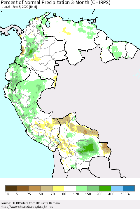 Northern South America Percent of Normal Precipitation 3-Month (CHIRPS) Thematic Map For 6/6/2020 - 9/5/2020