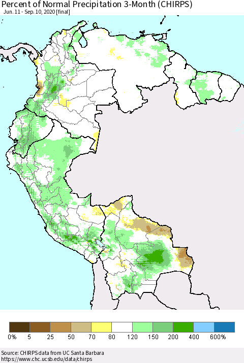 Northern South America Percent of Normal Precipitation 3-Month (CHIRPS) Thematic Map For 6/11/2020 - 9/10/2020