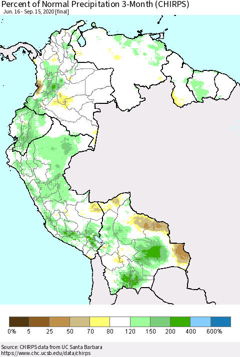 Northern South America Percent of Normal Precipitation 3-Month (CHIRPS) Thematic Map For 6/16/2020 - 9/15/2020