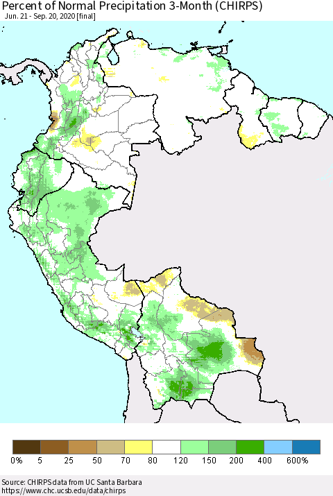Northern South America Percent of Normal Precipitation 3-Month (CHIRPS) Thematic Map For 6/21/2020 - 9/20/2020