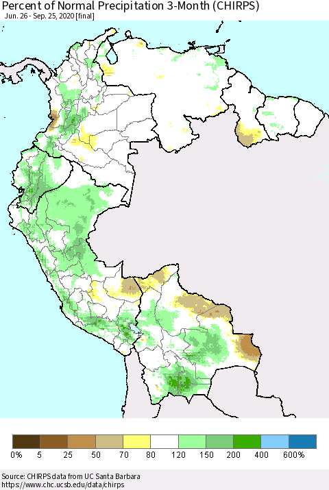 Northern South America Percent of Normal Precipitation 3-Month (CHIRPS) Thematic Map For 6/26/2020 - 9/25/2020