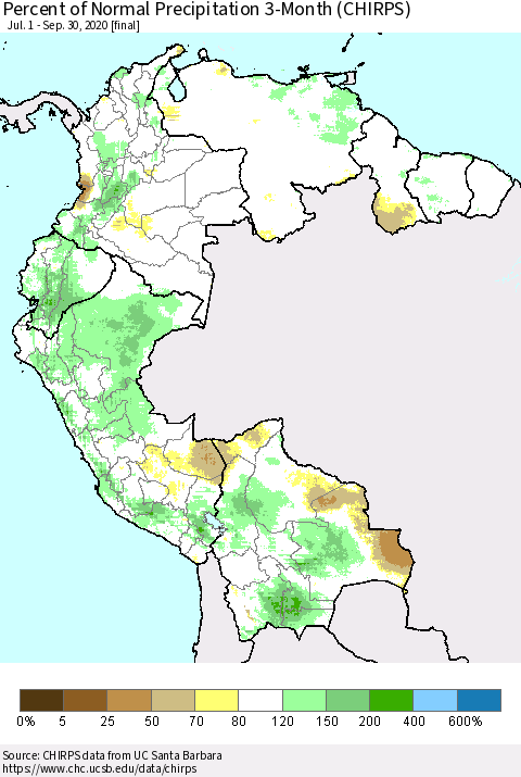 Northern South America Percent of Normal Precipitation 3-Month (CHIRPS) Thematic Map For 7/1/2020 - 9/30/2020