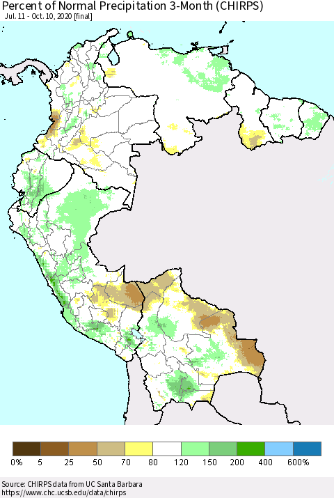 Northern South America Percent of Normal Precipitation 3-Month (CHIRPS) Thematic Map For 7/11/2020 - 10/10/2020