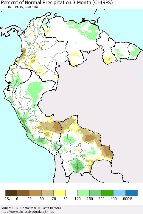 Northern South America Percent of Normal Precipitation 3-Month (CHIRPS) Thematic Map For 7/16/2020 - 10/15/2020