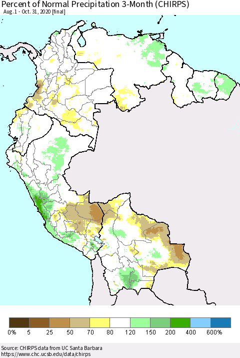Northern South America Percent of Normal Precipitation 3-Month (CHIRPS) Thematic Map For 8/1/2020 - 10/31/2020
