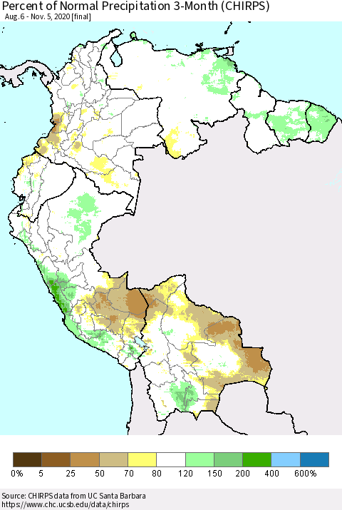 Northern South America Percent of Normal Precipitation 3-Month (CHIRPS) Thematic Map For 8/6/2020 - 11/5/2020