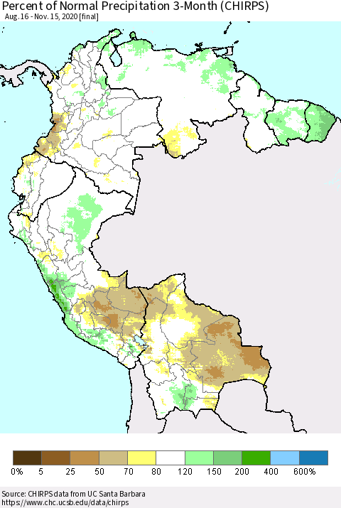 Northern South America Percent of Normal Precipitation 3-Month (CHIRPS) Thematic Map For 8/16/2020 - 11/15/2020