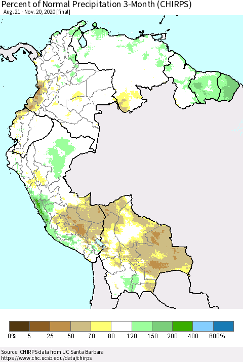 Northern South America Percent of Normal Precipitation 3-Month (CHIRPS) Thematic Map For 8/21/2020 - 11/20/2020