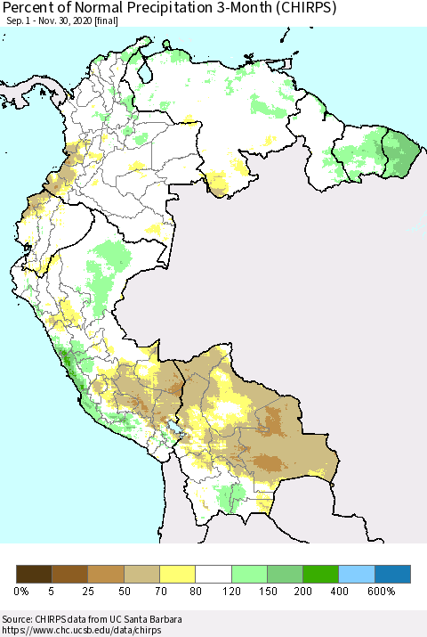 Northern South America Percent of Normal Precipitation 3-Month (CHIRPS) Thematic Map For 9/1/2020 - 11/30/2020