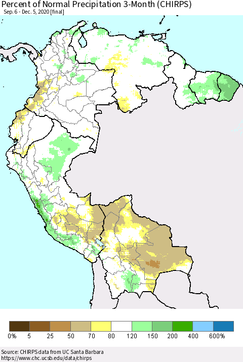 Northern South America Percent of Normal Precipitation 3-Month (CHIRPS) Thematic Map For 9/6/2020 - 12/5/2020