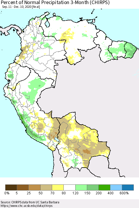 Northern South America Percent of Normal Precipitation 3-Month (CHIRPS) Thematic Map For 9/11/2020 - 12/10/2020