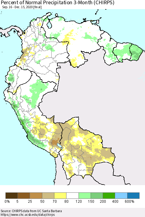 Northern South America Percent of Normal Precipitation 3-Month (CHIRPS) Thematic Map For 9/16/2020 - 12/15/2020