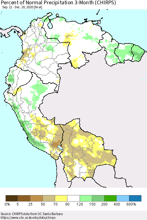 Northern South America Percent of Normal Precipitation 3-Month (CHIRPS) Thematic Map For 9/21/2020 - 12/20/2020