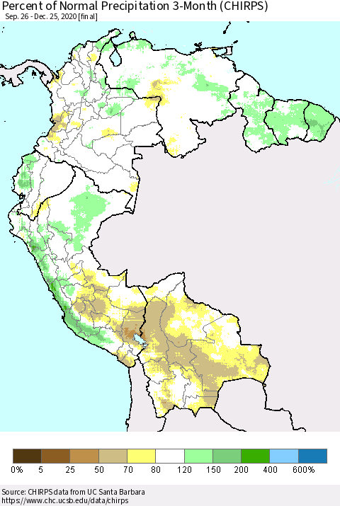 Northern South America Percent of Normal Precipitation 3-Month (CHIRPS) Thematic Map For 9/26/2020 - 12/25/2020