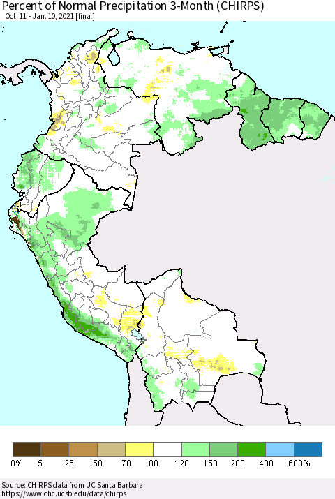 Northern South America Percent of Normal Precipitation 3-Month (CHIRPS) Thematic Map For 10/11/2020 - 1/10/2021
