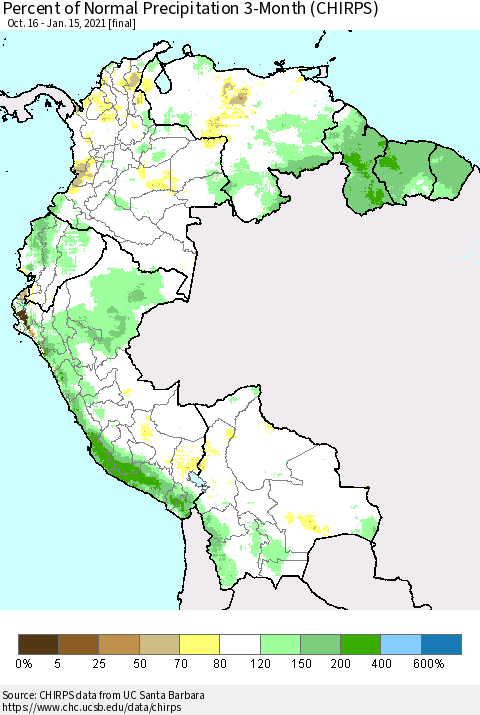 Northern South America Percent of Normal Precipitation 3-Month (CHIRPS) Thematic Map For 10/16/2020 - 1/15/2021