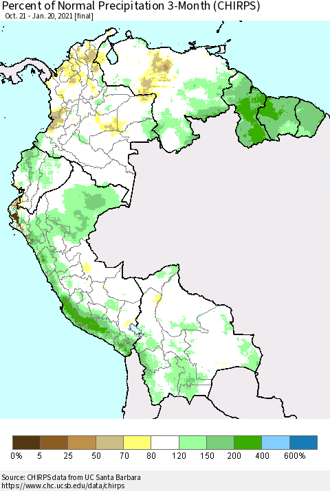 Northern South America Percent of Normal Precipitation 3-Month (CHIRPS) Thematic Map For 10/21/2020 - 1/20/2021