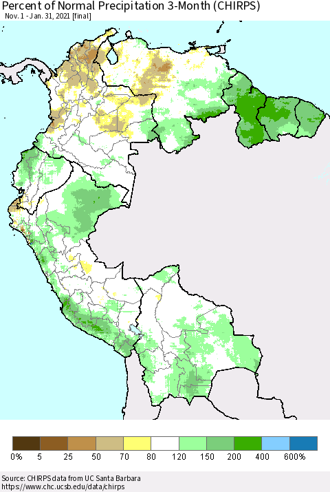 Northern South America Percent of Normal Precipitation 3-Month (CHIRPS) Thematic Map For 11/1/2020 - 1/31/2021