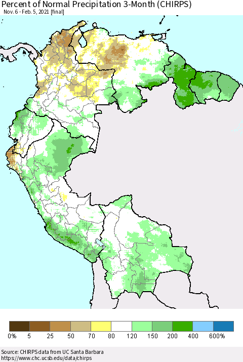 Northern South America Percent of Normal Precipitation 3-Month (CHIRPS) Thematic Map For 11/6/2020 - 2/5/2021