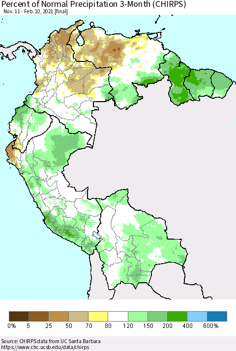 Northern South America Percent of Normal Precipitation 3-Month (CHIRPS) Thematic Map For 11/11/2020 - 2/10/2021