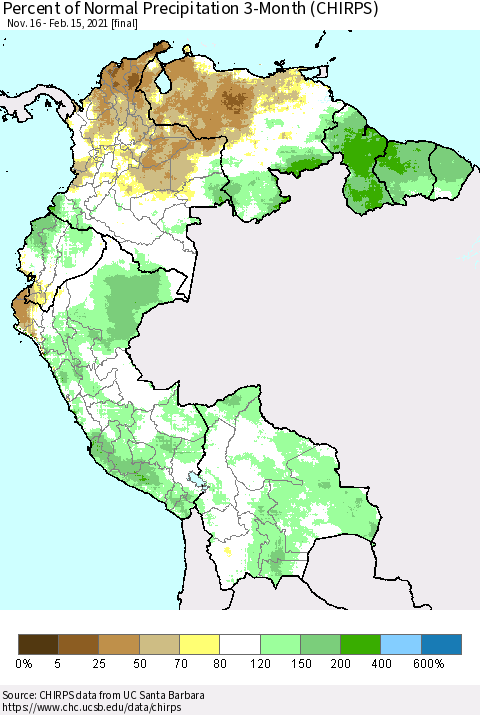 Northern South America Percent of Normal Precipitation 3-Month (CHIRPS) Thematic Map For 11/16/2020 - 2/15/2021