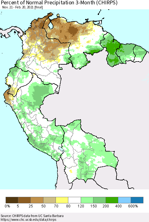 Northern South America Percent of Normal Precipitation 3-Month (CHIRPS) Thematic Map For 11/21/2020 - 2/20/2021