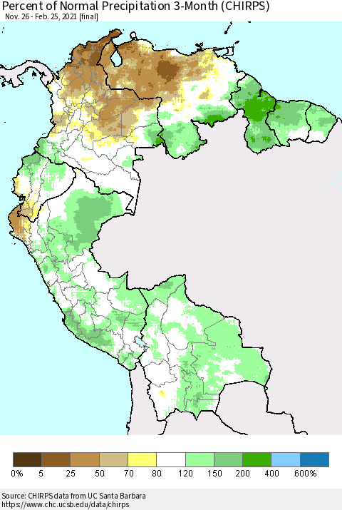Northern South America Percent of Normal Precipitation 3-Month (CHIRPS) Thematic Map For 11/26/2020 - 2/25/2021