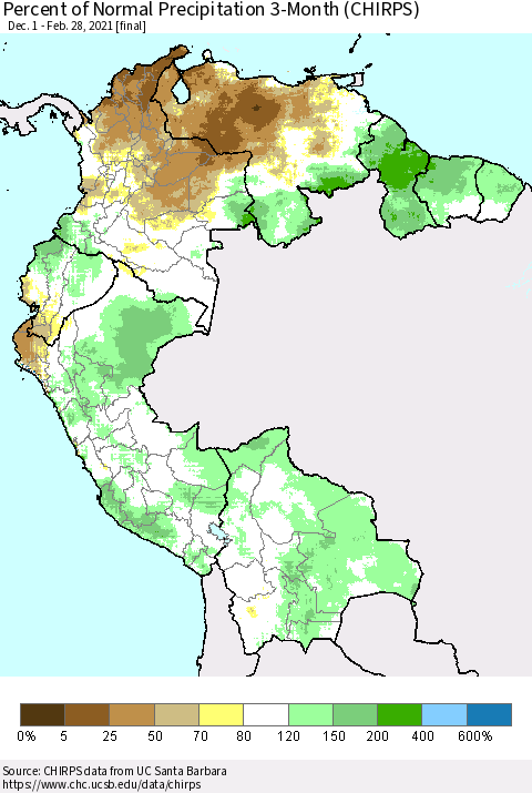 Northern South America Percent of Normal Precipitation 3-Month (CHIRPS) Thematic Map For 12/1/2020 - 2/28/2021