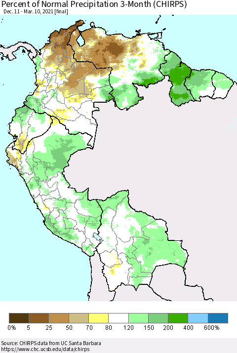 Northern South America Percent of Normal Precipitation 3-Month (CHIRPS) Thematic Map For 12/11/2020 - 3/10/2021