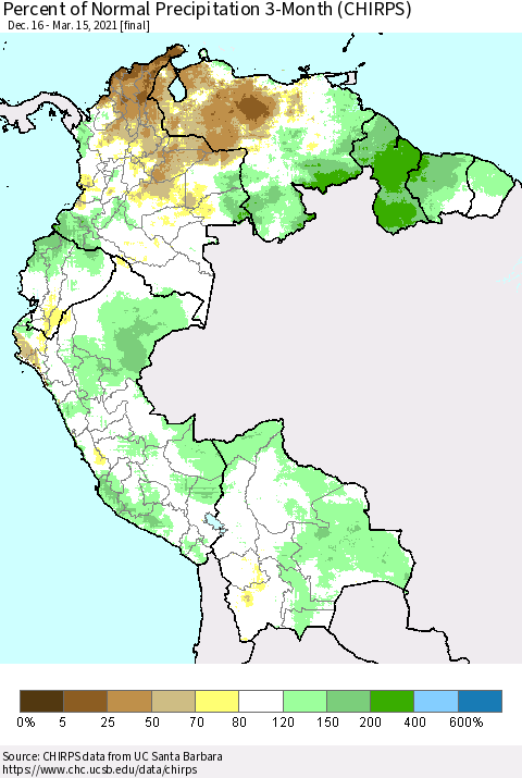 Northern South America Percent of Normal Precipitation 3-Month (CHIRPS) Thematic Map For 12/16/2020 - 3/15/2021