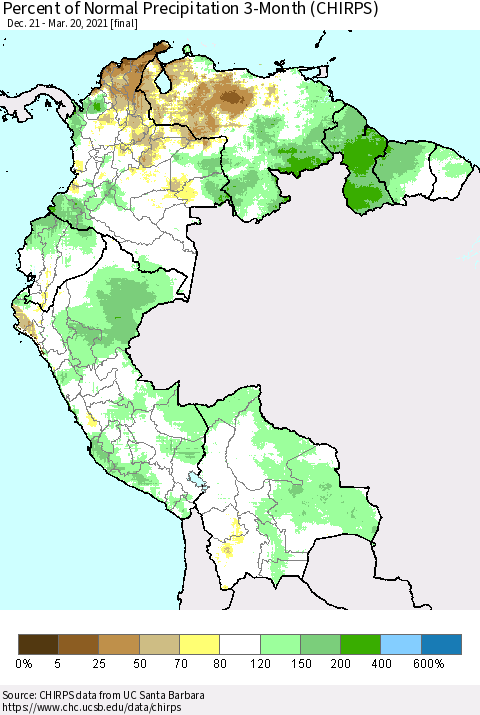 Northern South America Percent of Normal Precipitation 3-Month (CHIRPS) Thematic Map For 12/21/2020 - 3/20/2021