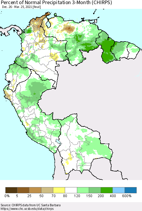Northern South America Percent of Normal Precipitation 3-Month (CHIRPS) Thematic Map For 12/26/2020 - 3/25/2021