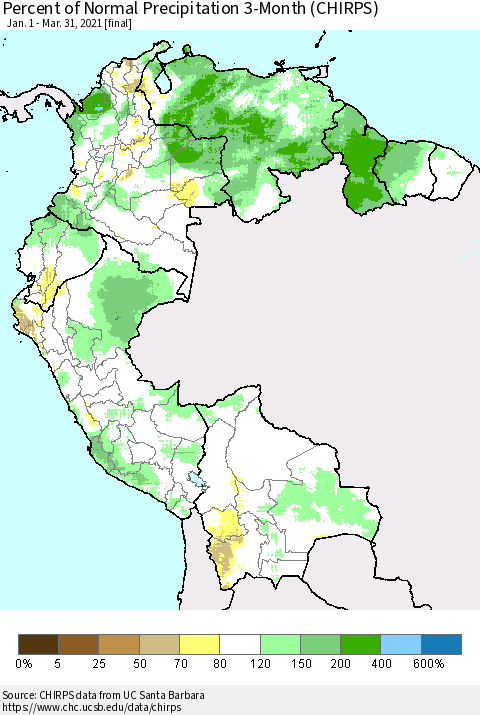 Northern South America Percent of Normal Precipitation 3-Month (CHIRPS) Thematic Map For 1/1/2021 - 3/31/2021