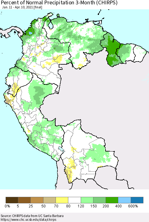 Northern South America Percent of Normal Precipitation 3-Month (CHIRPS) Thematic Map For 1/11/2021 - 4/10/2021
