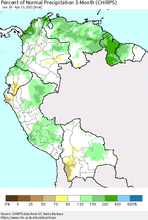 Northern South America Percent of Normal Precipitation 3-Month (CHIRPS) Thematic Map For 1/16/2021 - 4/15/2021