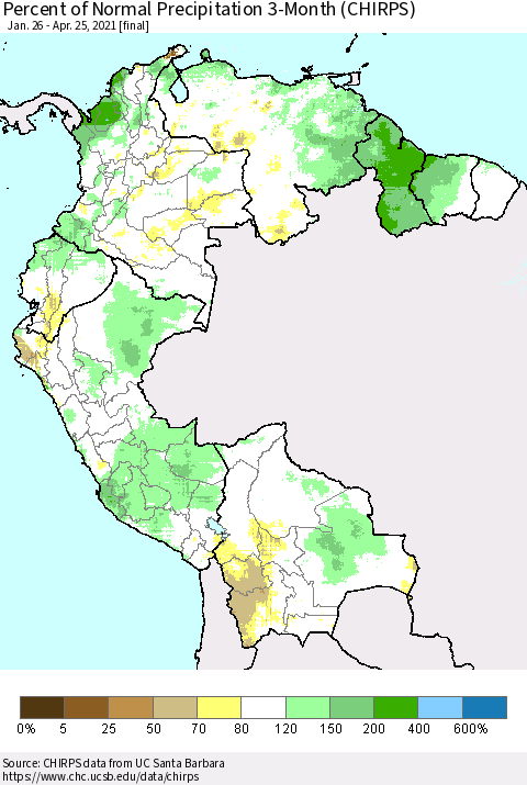 Northern South America Percent of Normal Precipitation 3-Month (CHIRPS) Thematic Map For 1/26/2021 - 4/25/2021