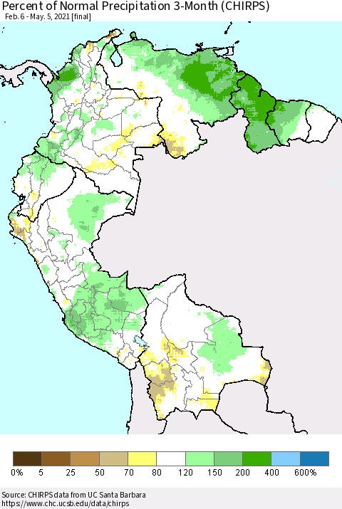 Northern South America Percent of Normal Precipitation 3-Month (CHIRPS) Thematic Map For 2/6/2021 - 5/5/2021