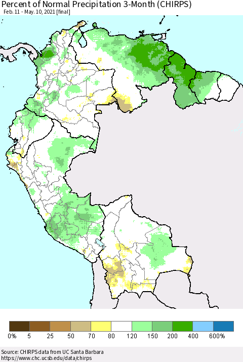 Northern South America Percent of Normal Precipitation 3-Month (CHIRPS) Thematic Map For 2/11/2021 - 5/10/2021