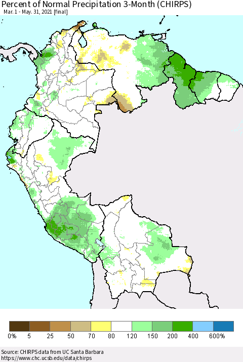 Northern South America Percent of Normal Precipitation 3-Month (CHIRPS) Thematic Map For 3/1/2021 - 5/31/2021