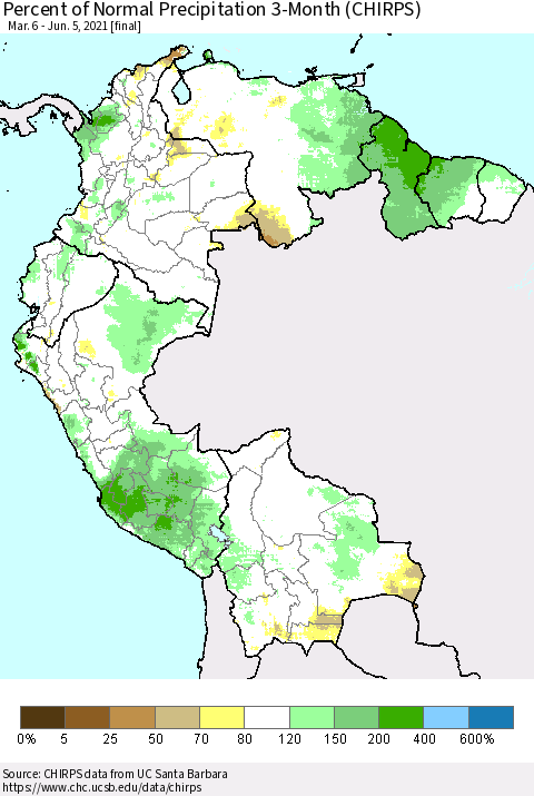 Northern South America Percent of Normal Precipitation 3-Month (CHIRPS) Thematic Map For 3/6/2021 - 6/5/2021