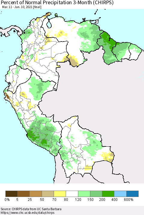 Northern South America Percent of Normal Precipitation 3-Month (CHIRPS) Thematic Map For 3/11/2021 - 6/10/2021