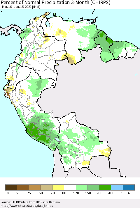 Northern South America Percent of Normal Precipitation 3-Month (CHIRPS) Thematic Map For 3/16/2021 - 6/15/2021