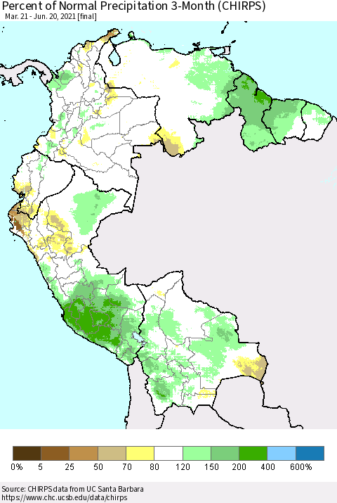 Northern South America Percent of Normal Precipitation 3-Month (CHIRPS) Thematic Map For 3/21/2021 - 6/20/2021