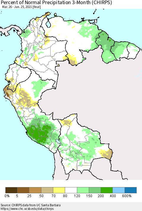 Northern South America Percent of Normal Precipitation 3-Month (CHIRPS) Thematic Map For 3/26/2021 - 6/25/2021