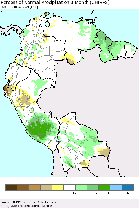 Northern South America Percent of Normal Precipitation 3-Month (CHIRPS) Thematic Map For 4/1/2021 - 6/30/2021