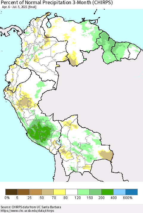 Northern South America Percent of Normal Precipitation 3-Month (CHIRPS) Thematic Map For 4/6/2021 - 7/5/2021