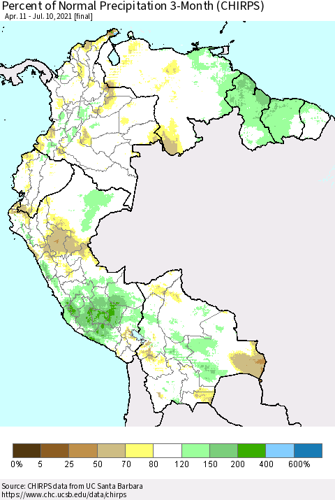 Northern South America Percent of Normal Precipitation 3-Month (CHIRPS) Thematic Map For 4/11/2021 - 7/10/2021