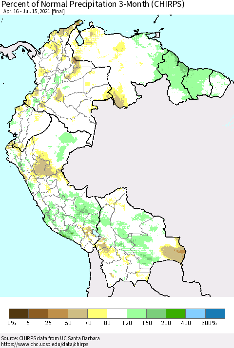 Northern South America Percent of Normal Precipitation 3-Month (CHIRPS) Thematic Map For 4/16/2021 - 7/15/2021