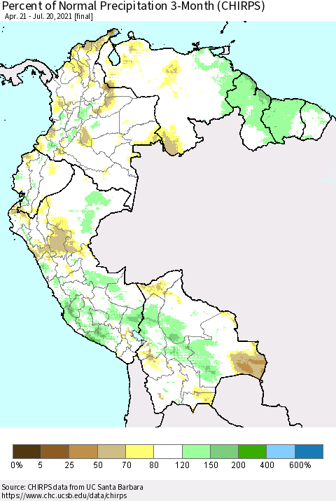 Northern South America Percent of Normal Precipitation 3-Month (CHIRPS) Thematic Map For 4/21/2021 - 7/20/2021